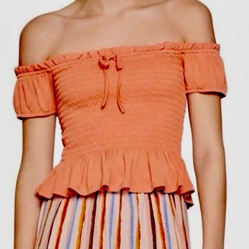 BCBGENERATION BCBG Terra Cotta Burnt Orange Smocked Off the Shoulder Top Size S